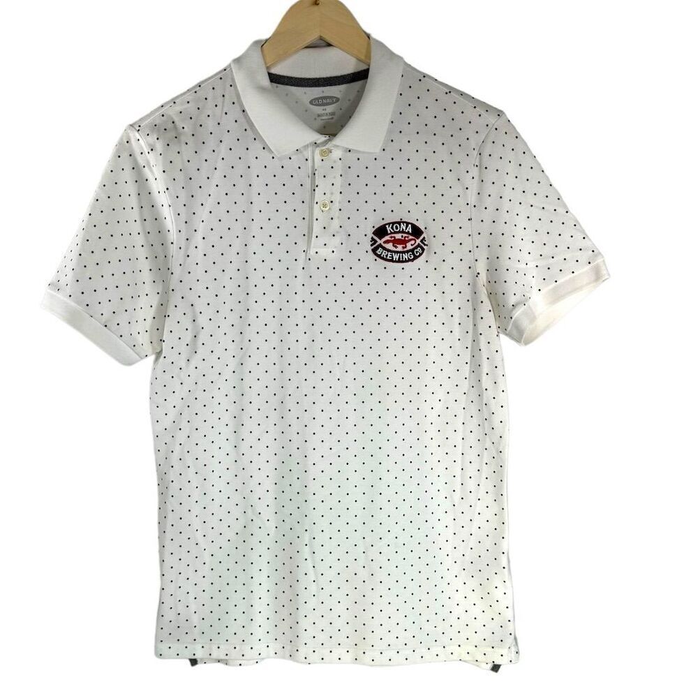 Old Navy White Polka Dot Polo Shirt Embroidered Kona Logo Short Sleeve Men Small